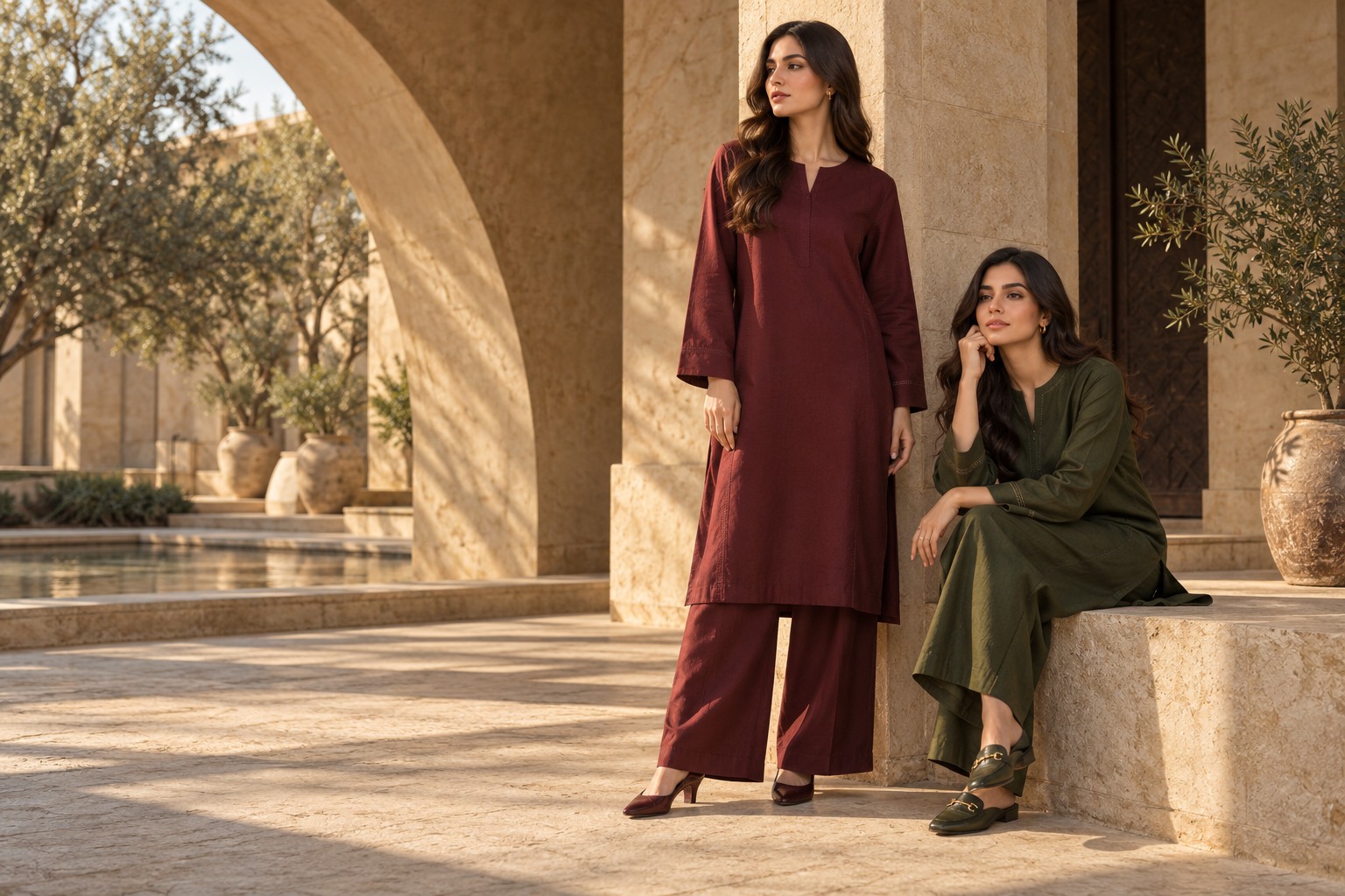 Burgundy and olive Eastern co-ord campaign in a sunlit sandstone courtyard